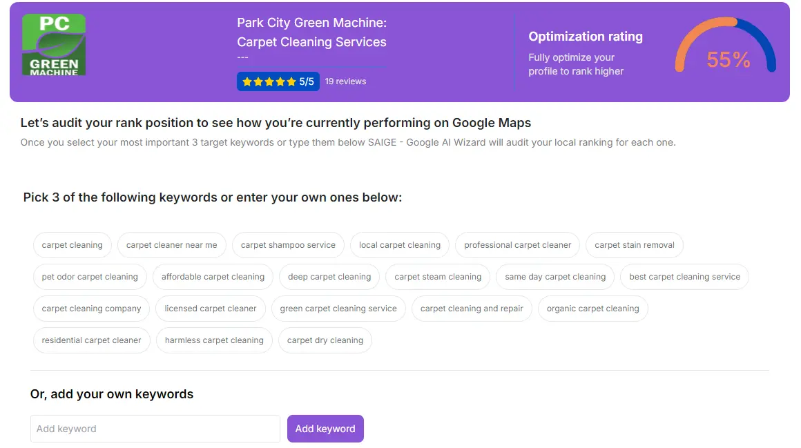 SAIGE keyword-audit screen showing the optimization-rating dial and a grid of suggested keywords with options to add custom ones.