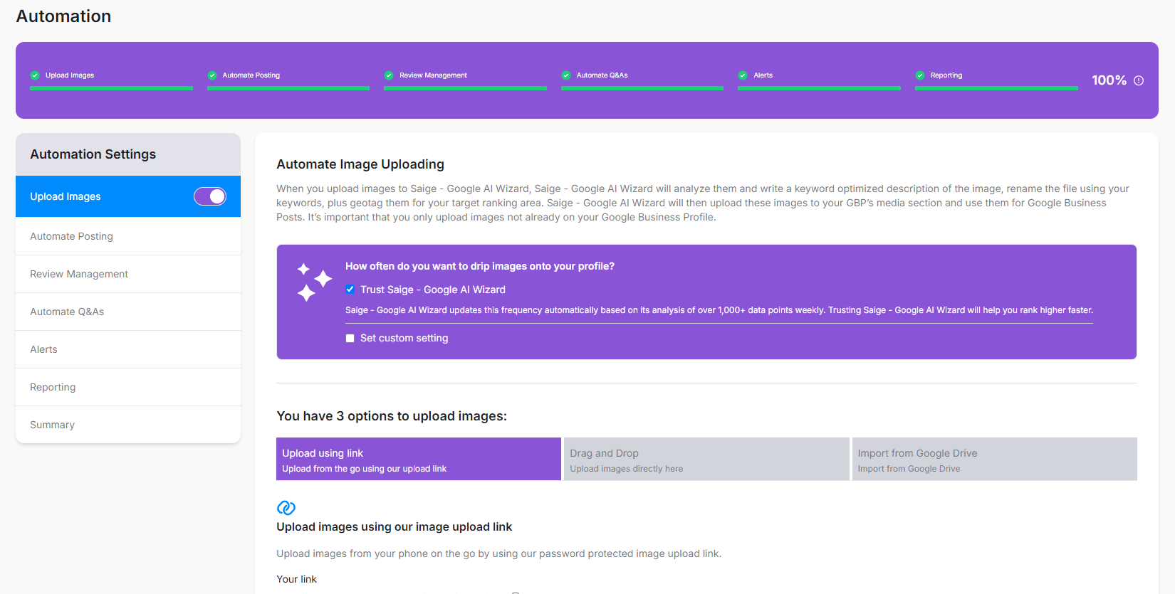 SAIGE Automate Image Uploading settings panel showing the "Trust Saige - Google AI Wizard" toggle (recommended) plus three upload options: Upload using link, Drag and Drop, and Import from Google Drive.