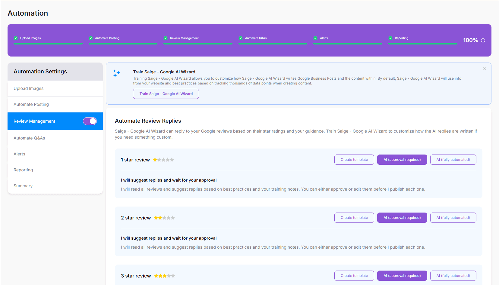 SAIGE Review Management settings showing per-star-rating reply controls (Create Template, AI Approval Required, AI Fully Automated).