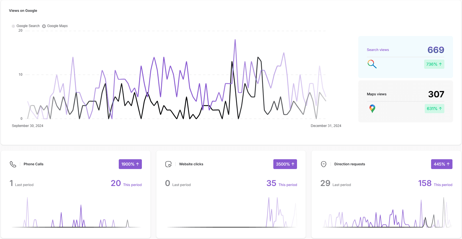 SAIGE dashboard showing the Views on Google chart with the Search and Maps trend lines, totals of 669 search and 307 maps views, and 736% / 631% growth indicators in the side panel.
