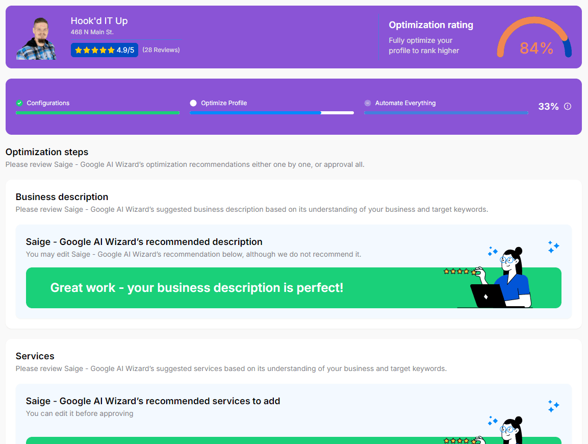 SAIGE Optimization steps screen for Hook'd IT Up showing an 84% optimization rating, a Configurations / Optimize Profile / Automate Everything progress tracker at 33%, and AI-recommended business description and services that the operator can approve one by one.