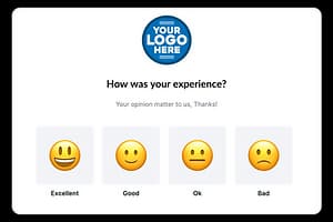 SAIGE-hosted review landing page with the customer's logo at top, the prompt "How was your experience?", and four emoji buttons labeled Excellent, Good, OK, Bad.